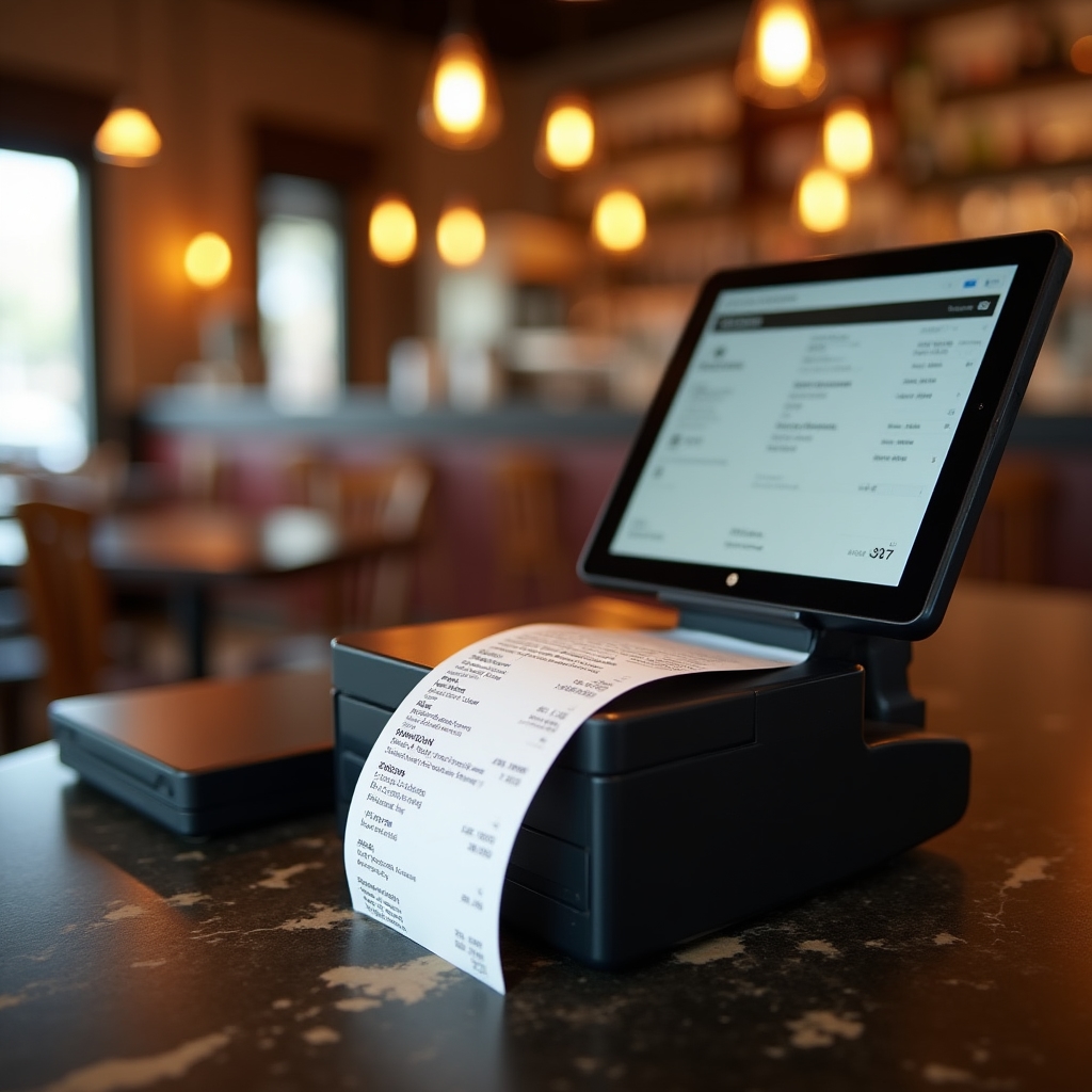 Terminal POS modern pe tejgheaua unui restaurant, cu bon fiscal tipărit