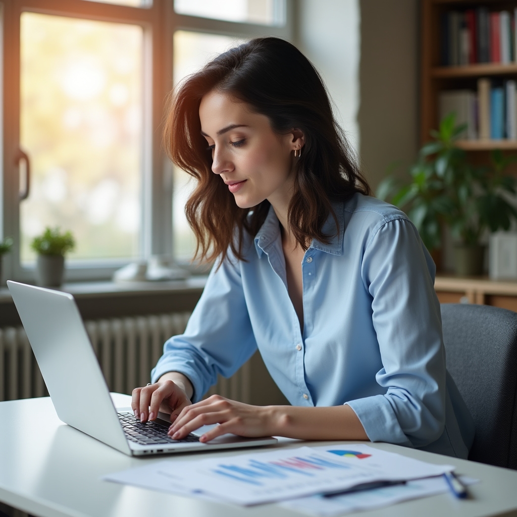 Persoană analizând date pe laptop într-un spațiu de lucru modern