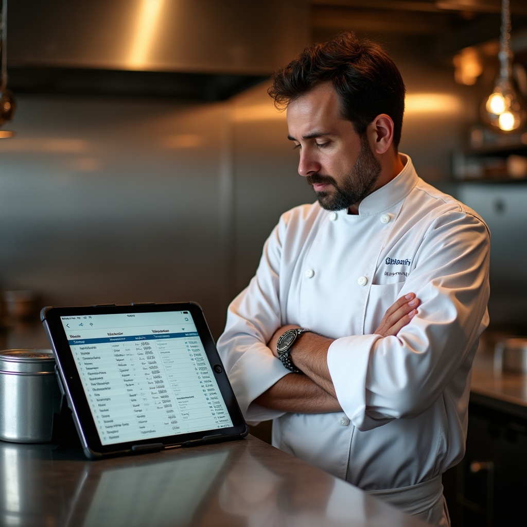 Bucătar verificând meniul unui restaurant în fața unui ecran cu date de vânzări